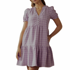 ModCloth Lavender Plaid Mini Dress Size Large V-Neck Short Sleeve Pockets EUC